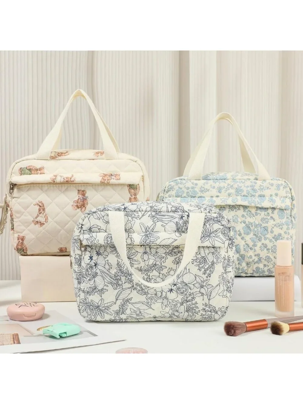 Large Quilted Makeup Bag - Cute Floral Travel Cosmetic Organizer with Handle